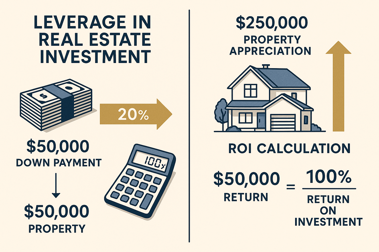 Detailed infographic illustration showing leverage mechanics in real estate investment (1536x1024). Split-screen composition: left side disp