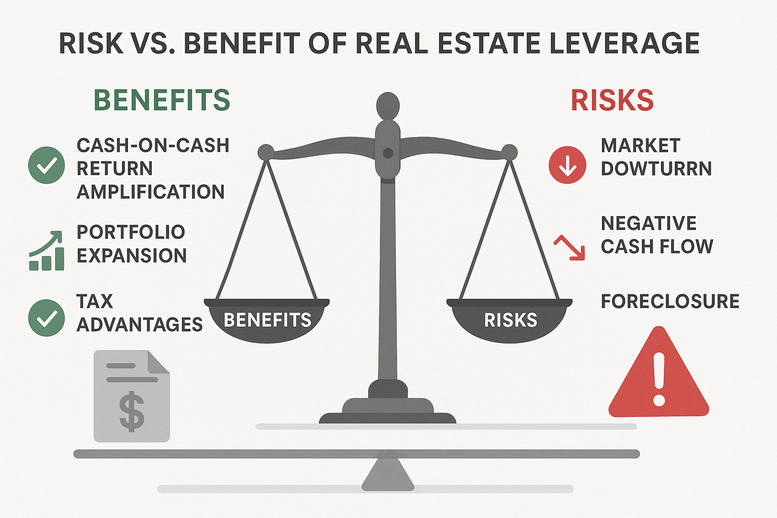 Comprehensive risk-benefit comparison chart for real estate leverage (1536x1024). Balanced scale visualization in center with 'Benefits' on 