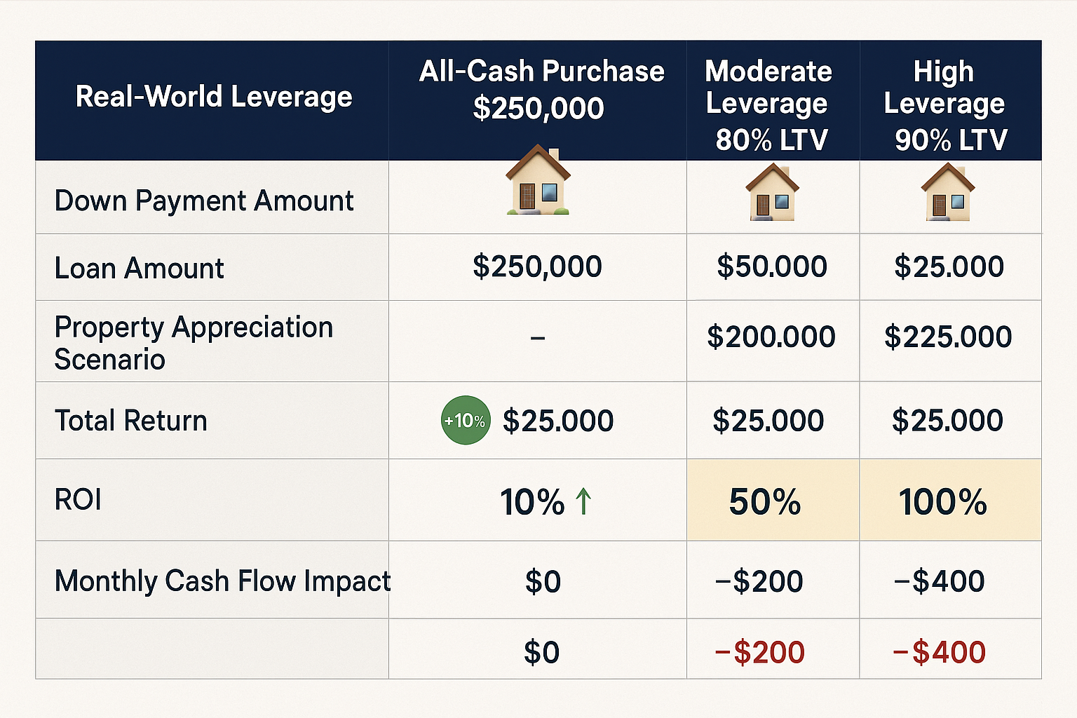 Real-world leverage scenario comparison table (1536x1024) showing three property investment examples side-by-side. Columns display: all-cash