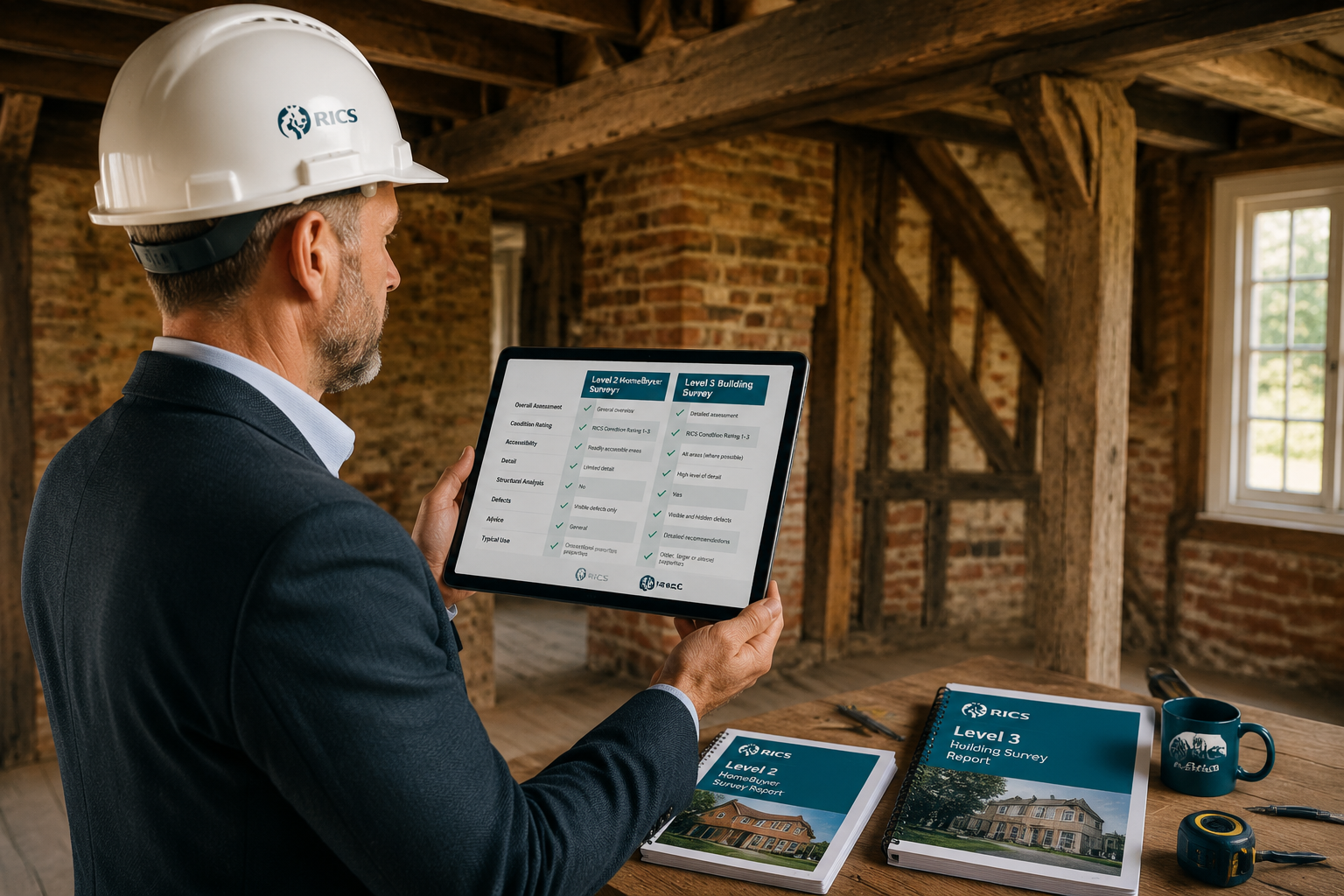 Wide-angle editorial photograph of a professional RICS chartered surveyor in a hard hat and suit jacket examining the