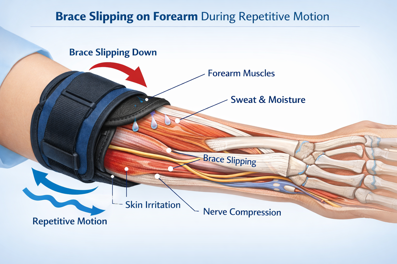 Detailed () technical illustration showing cross-section view of an arm brace slipping down a forearm during repetitive