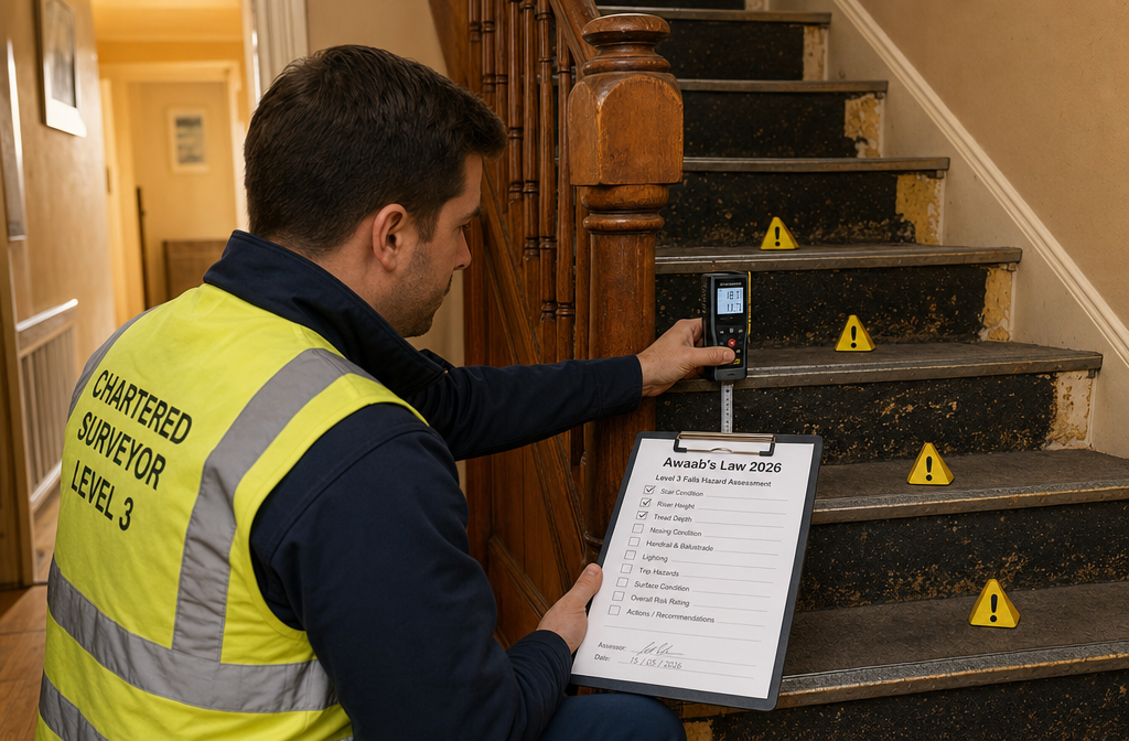 Wide-angle editorial photograph of a chartered surveyor in high-visibility vest conducting a Level 3 falls hazard assessment
