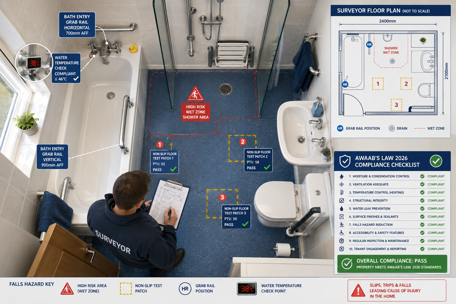Overhead bird's-eye view editorial illustration of a bungalow bathroom wet room showing falls hazard survey zones: bath