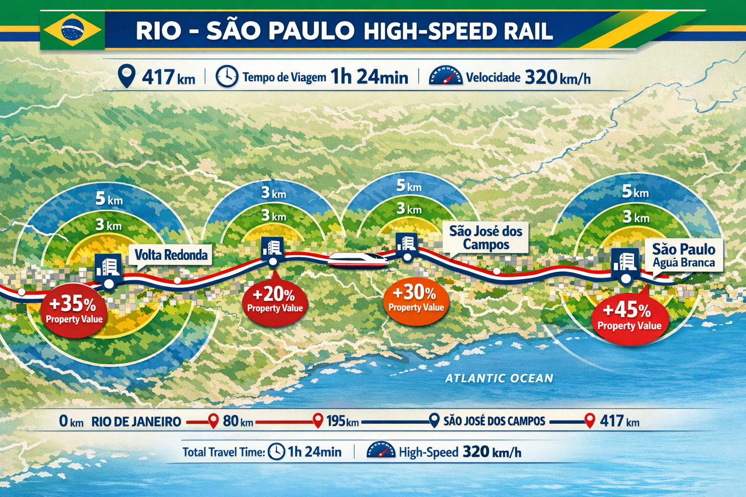 Detailed () illustration showing comprehensive corridor map of Rio-São Paulo high-speed rail route spanning 417 kilometers