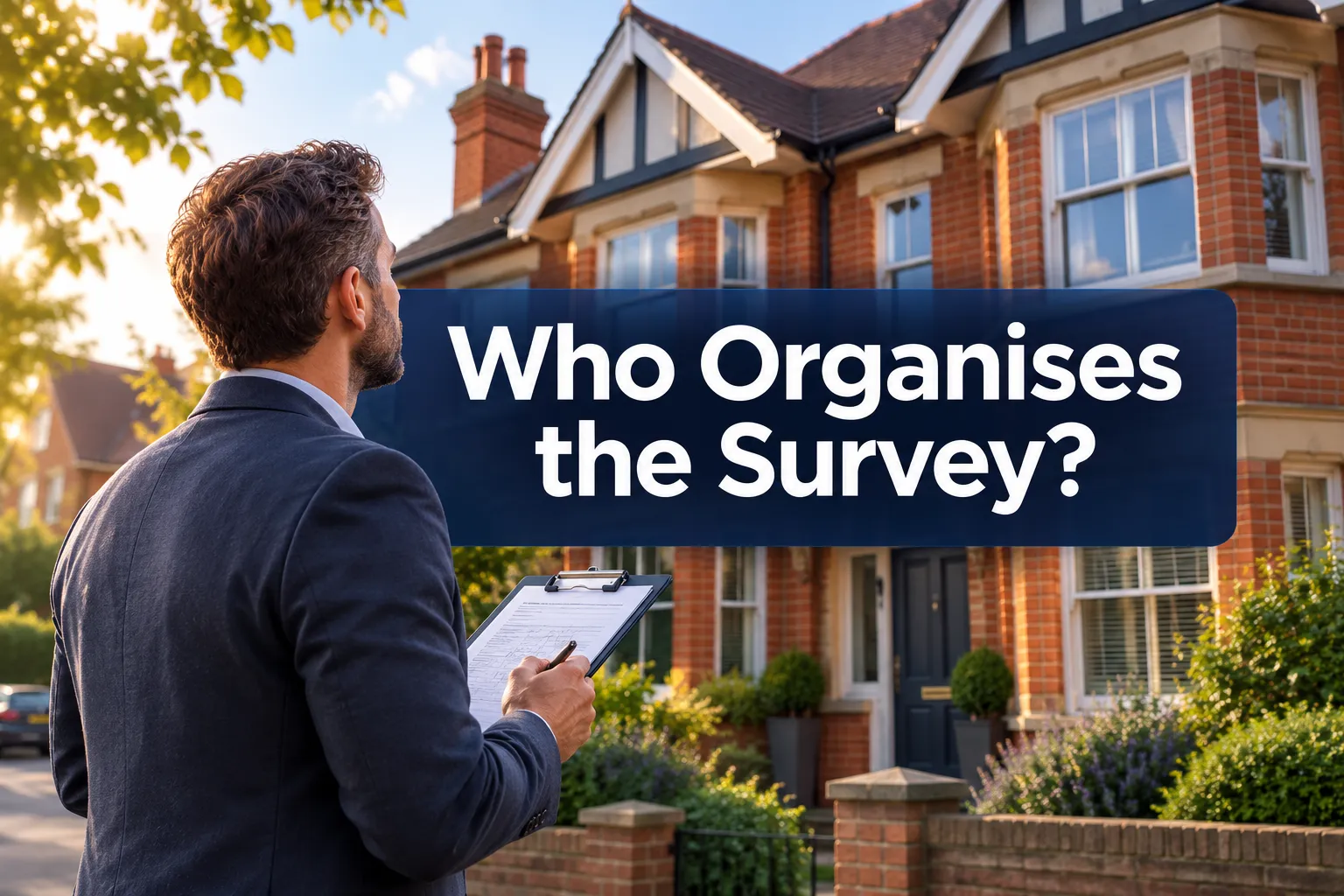 Professional () hero image with 'Who Organises the Survey?' in crisp white modern on a deep navy semi-transparent panel,