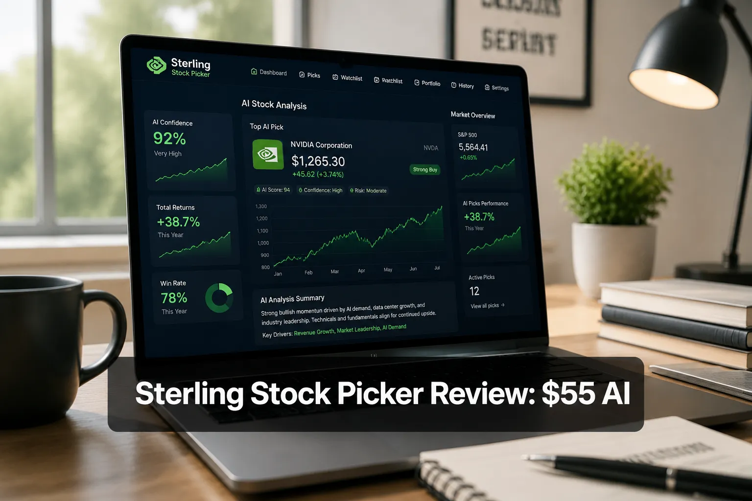 Professional () hero image with (≤42 chars): 'Sterling Stock Picker Review: $55 AI', crisp white on a dark semi-transparent