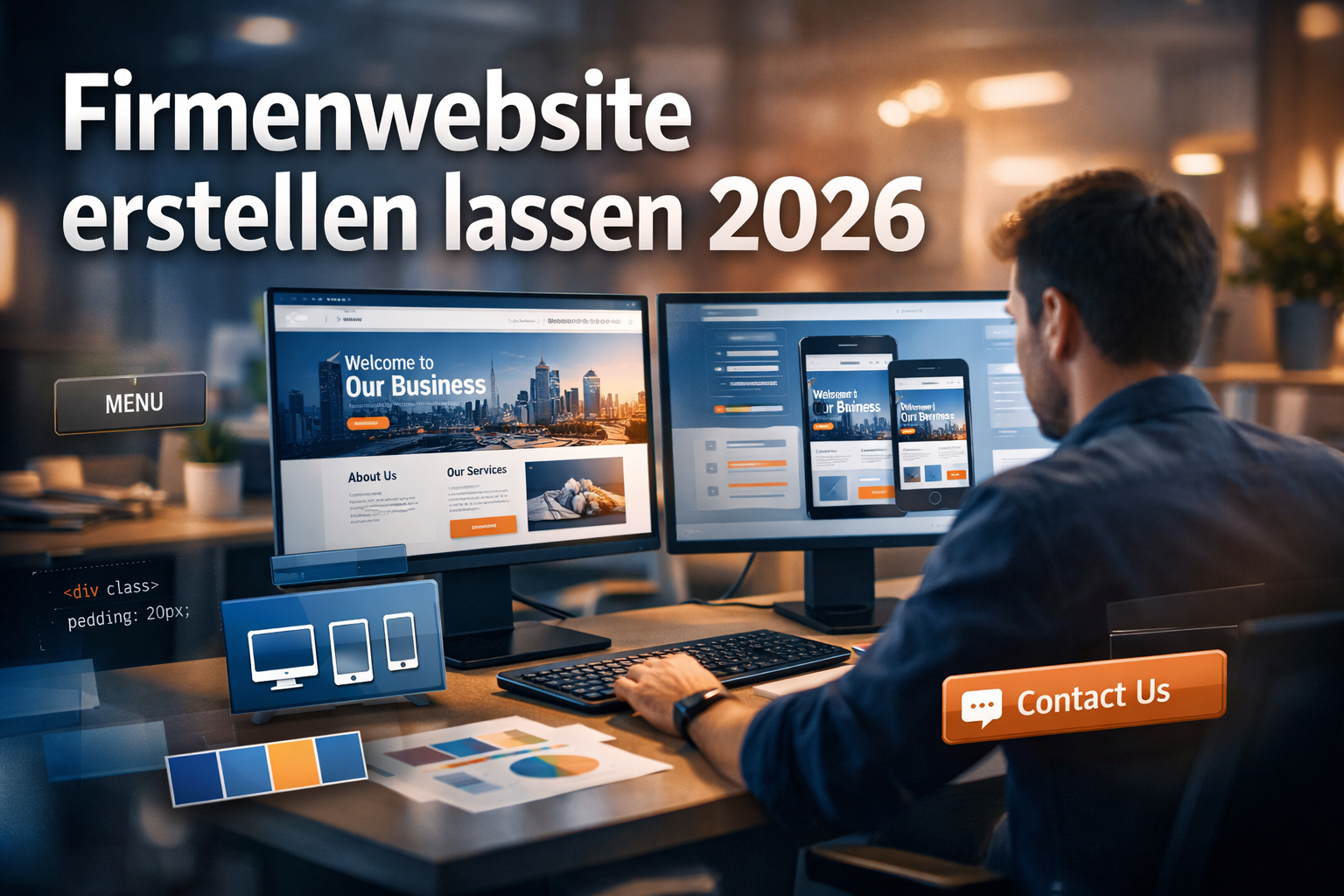 Professional landscape format (1536x1024) hero image featuring bold text overlay 'Firmenwebsite erstellen lassen 2026' in extra large 72pt w