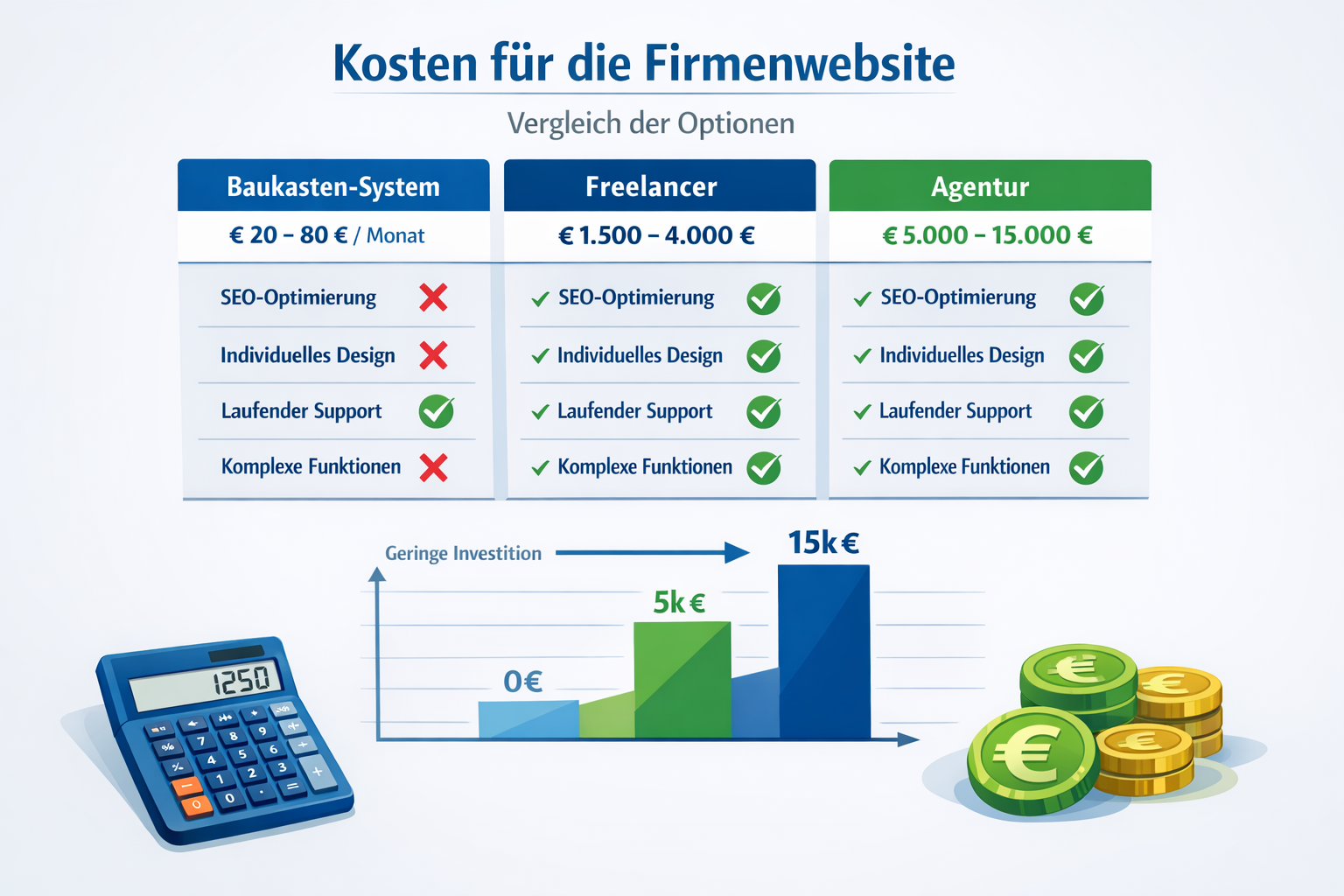 Landscape format (1536x1024) illustration showing cost breakdown comparison table for Firmenwebsite creation, featuring three columns labele