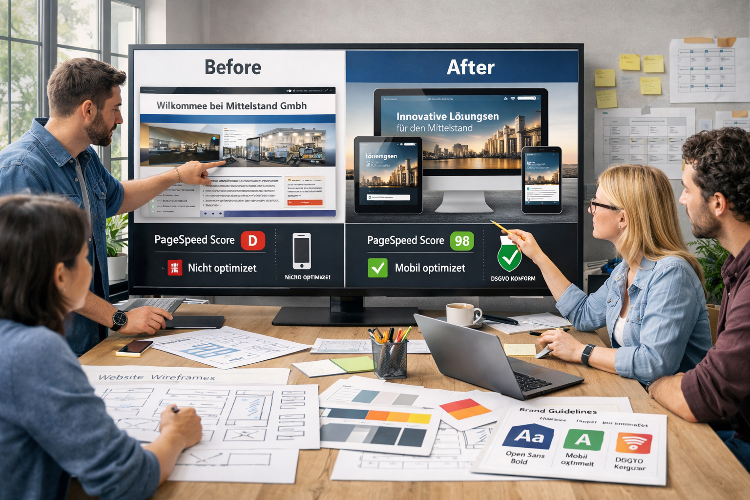 Landscape format (1536x1024) visual showing professional web agency team collaboration scene, designers and developers working together on l