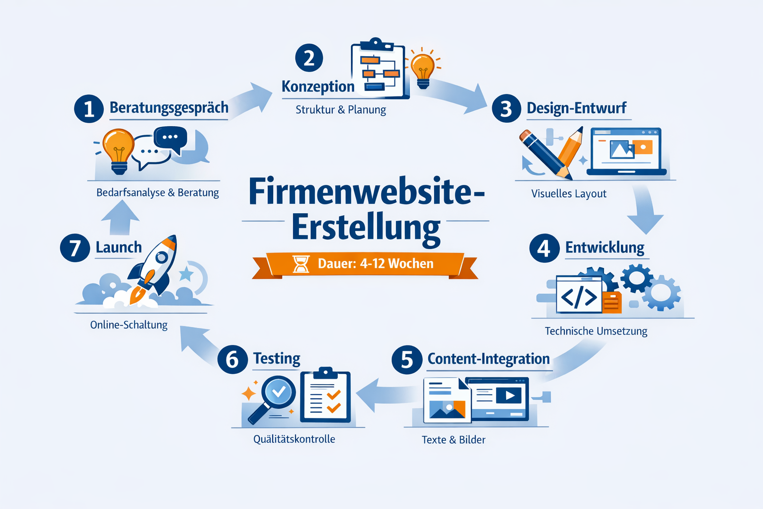 Landscape format (1536x1024) step-by-step process infographic for Firmenwebsite creation, showing numbered stages from 1-7 in circular flow 