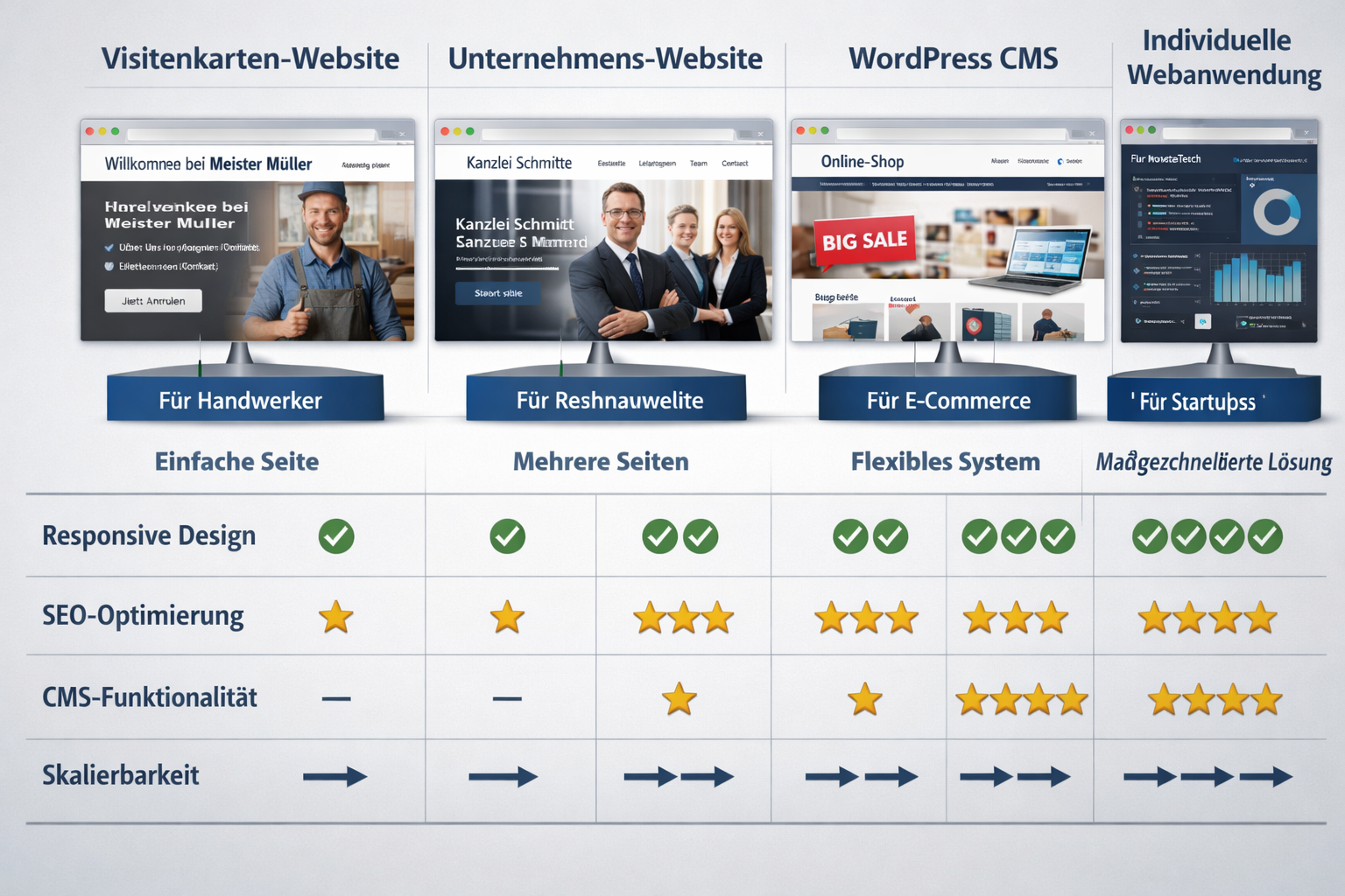 Landscape format (1536x1024) comparison visualization showing different website types for German businesses: one-page Visitenkarte website, 