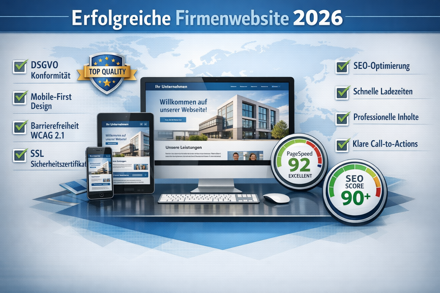 Landscape format (1536x1024) checklist infographic showing essential elements for successful Firmenwebsite in 2026, featuring visual icons a