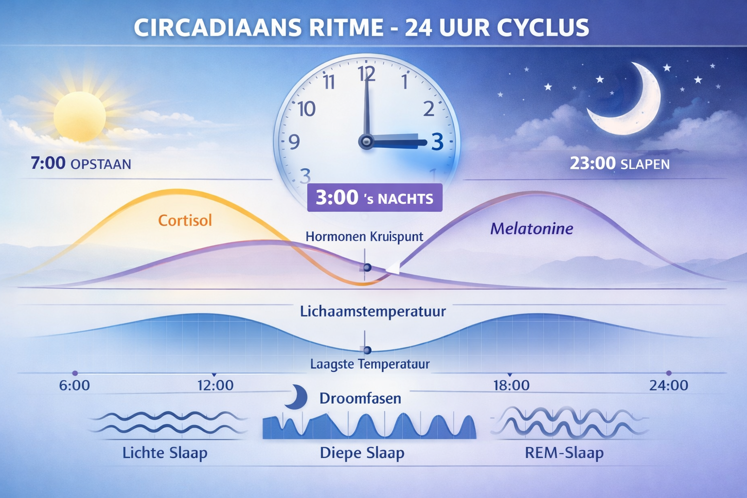 Landscape format (1536x1024) infographic showing circadian rhythm cycle over 24 hours with highlighted 3 AM zone, melatonin and cortisol hor