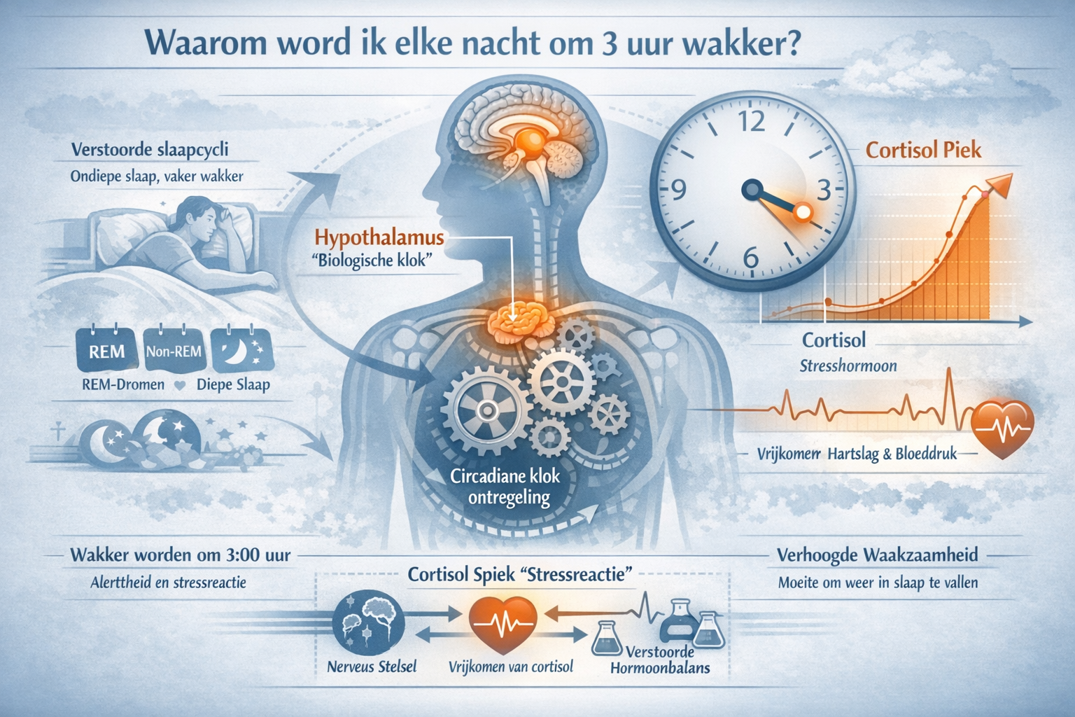 Editorial medical infographic visualizing circadian rhythm disruption at 3 AM, featuring a human silhouette with internal biological clock m