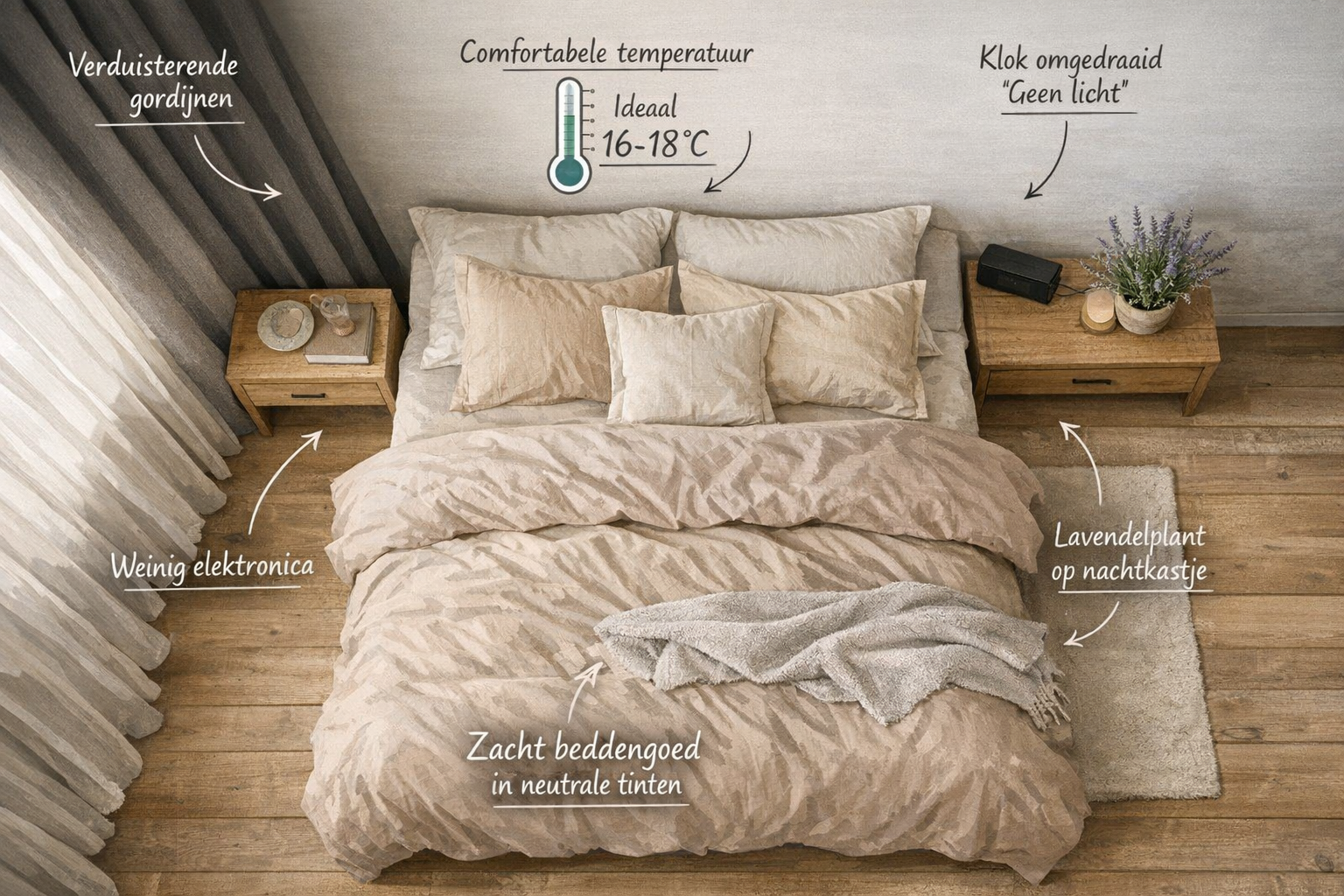 Landscape format (1536x1024) calming bedroom environment optimization guide showing ideal sleep setup: blackout curtains, digital clock turn