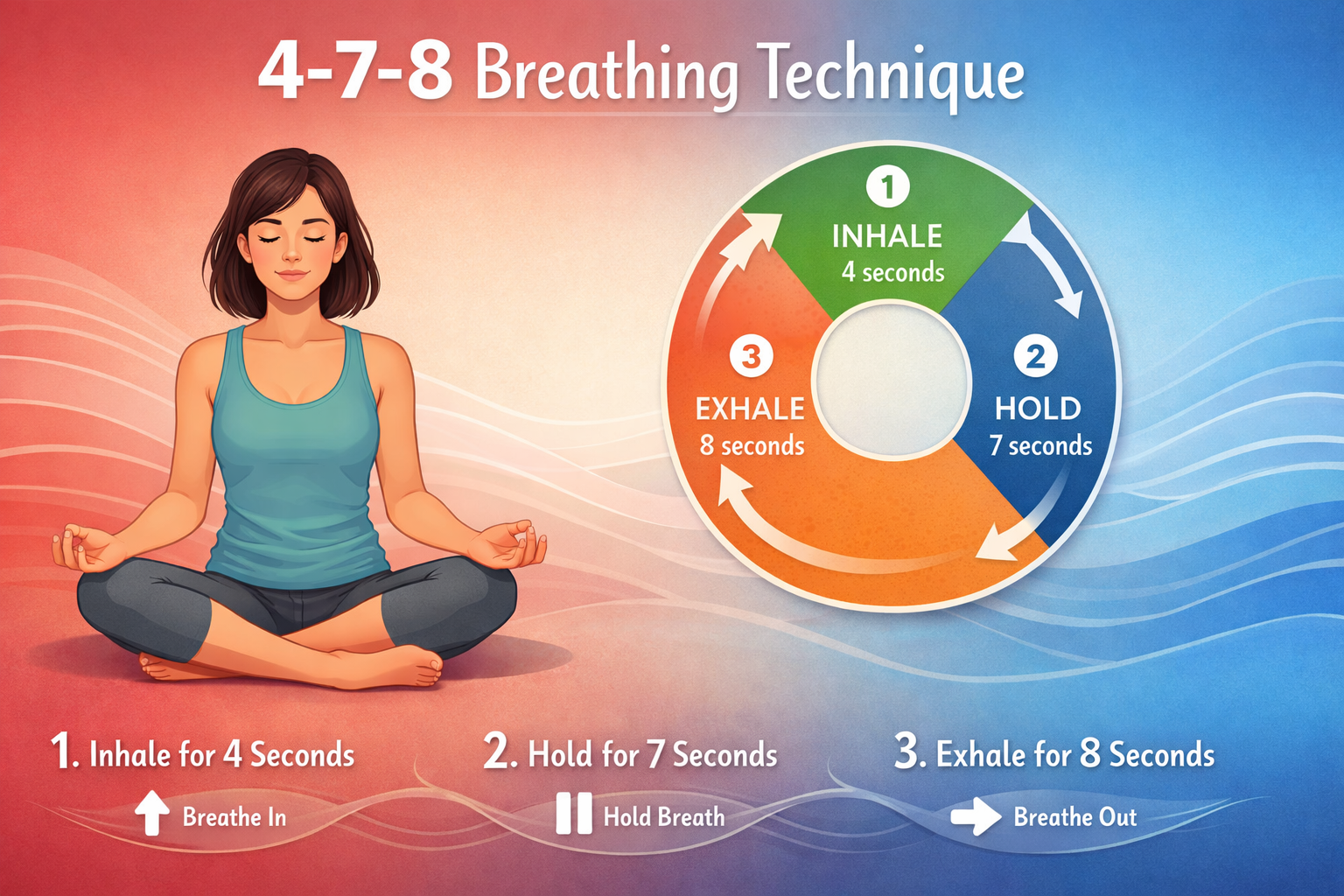 Landscape format (1536x1024) step-by-step visual guide for 4-7-8 breathing technique with illustrated person in peaceful position, breathing