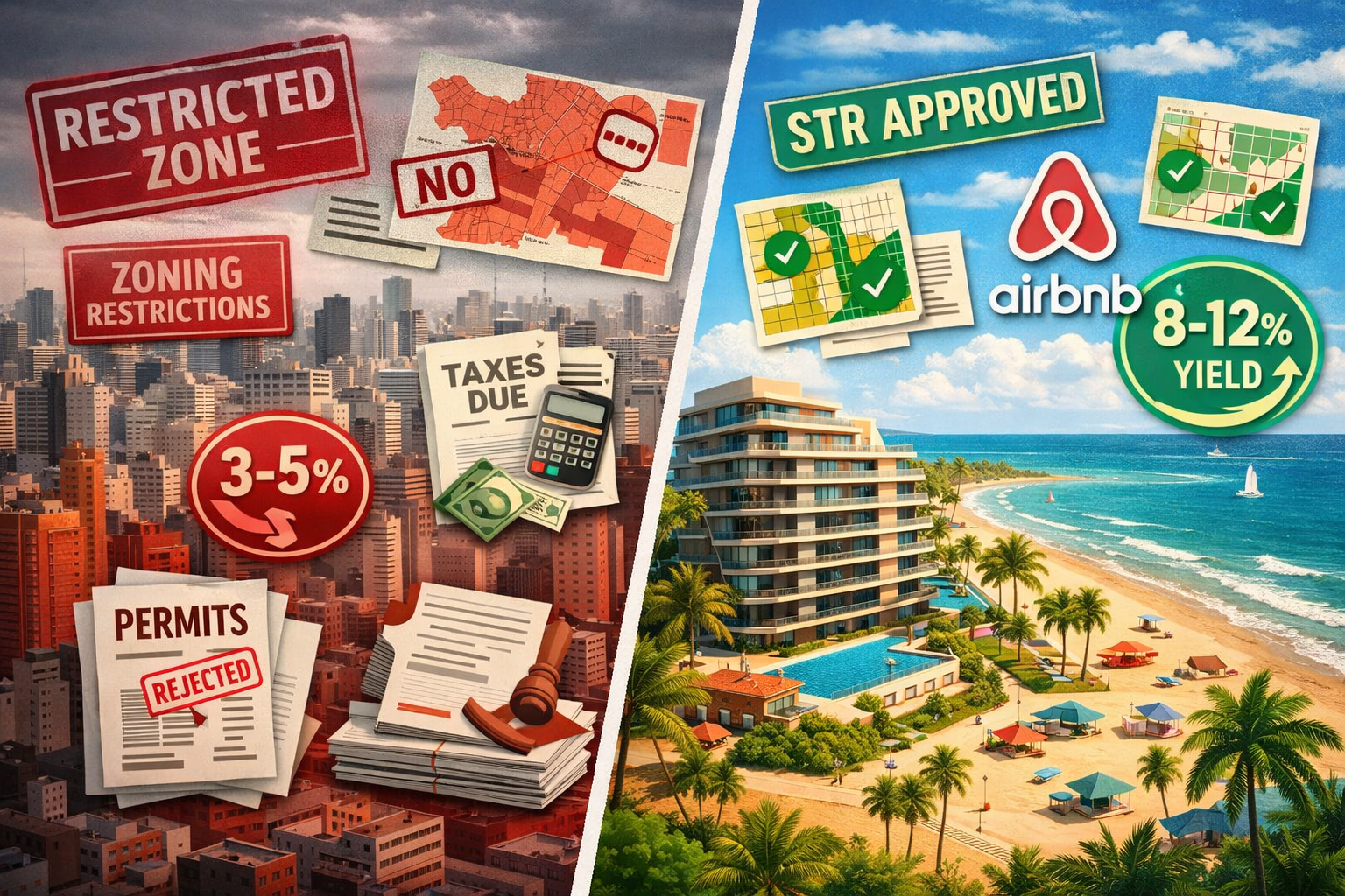 Wide-angle editorial illustration showing a split-scene comparison: left side depicts a dense São Paulo urban skyline with