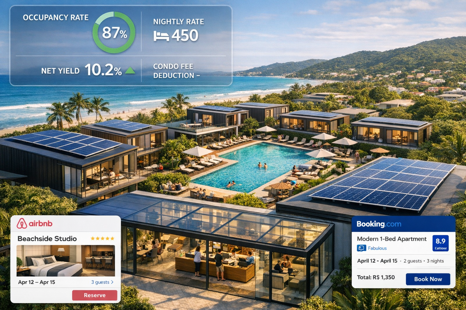 Detailed aerial drone-perspective photograph-style illustration of a purpose-built short-term rental resort development in a