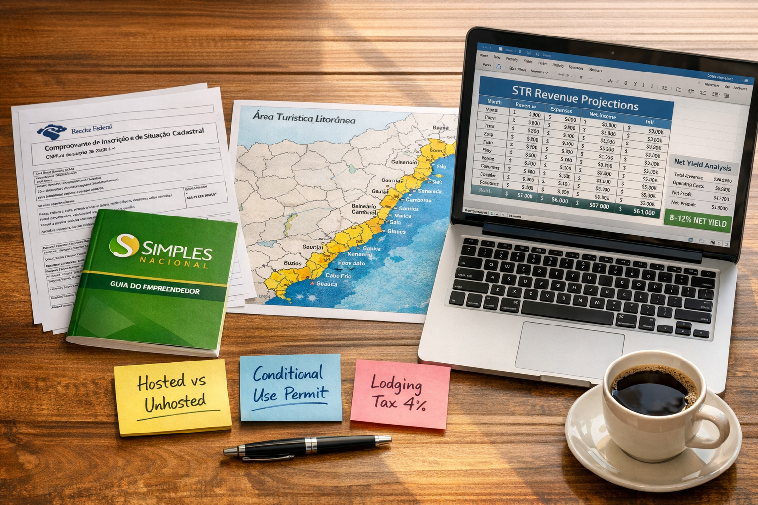 Close-up editorial flat-lay photograph of a property investor's desk: Brazilian tax documents (CNPJ registration form,