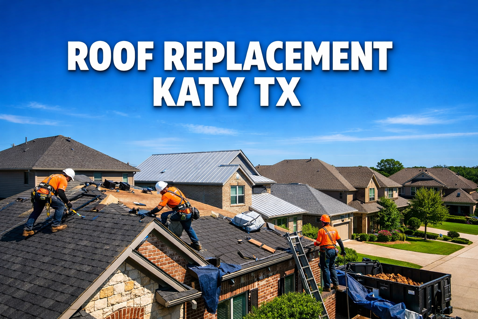 Professional landscape hero image (1536x1024) featuring bold text overlay 'ROOF REPLACEMENT KATY TX' in extra large 72pt white sans-serif fo