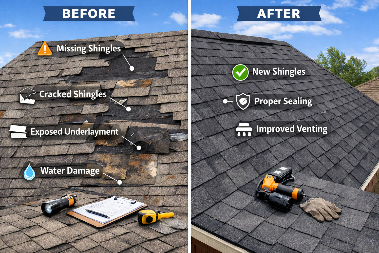 Detailed landscape image (1536x1024) showing close-up of damaged roof with missing shingles, storm damage, and visible wear indicators on re