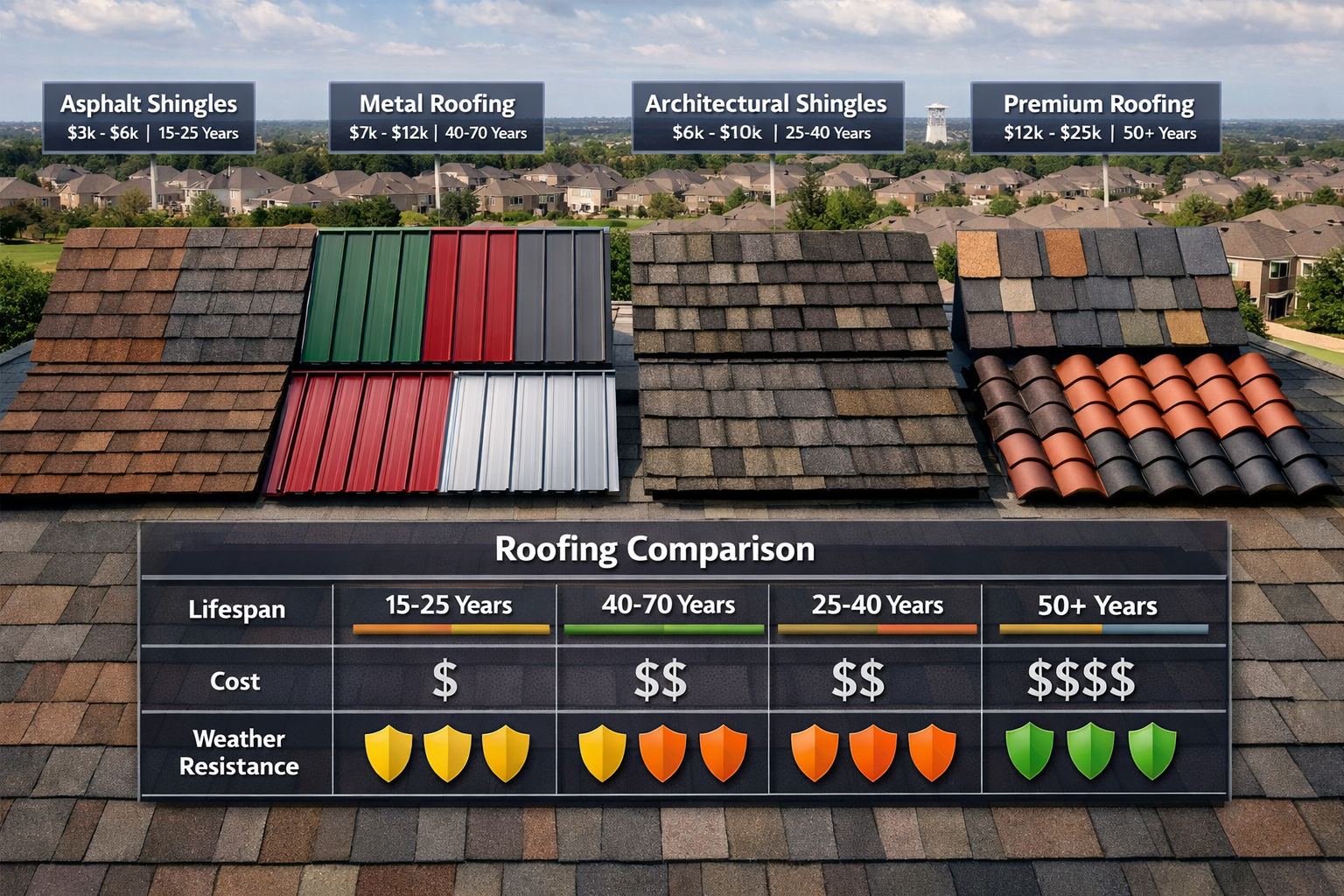 Professional landscape image (1536x1024) displaying various roofing materials laid out in organized sections: asphalt shingles in multiple c