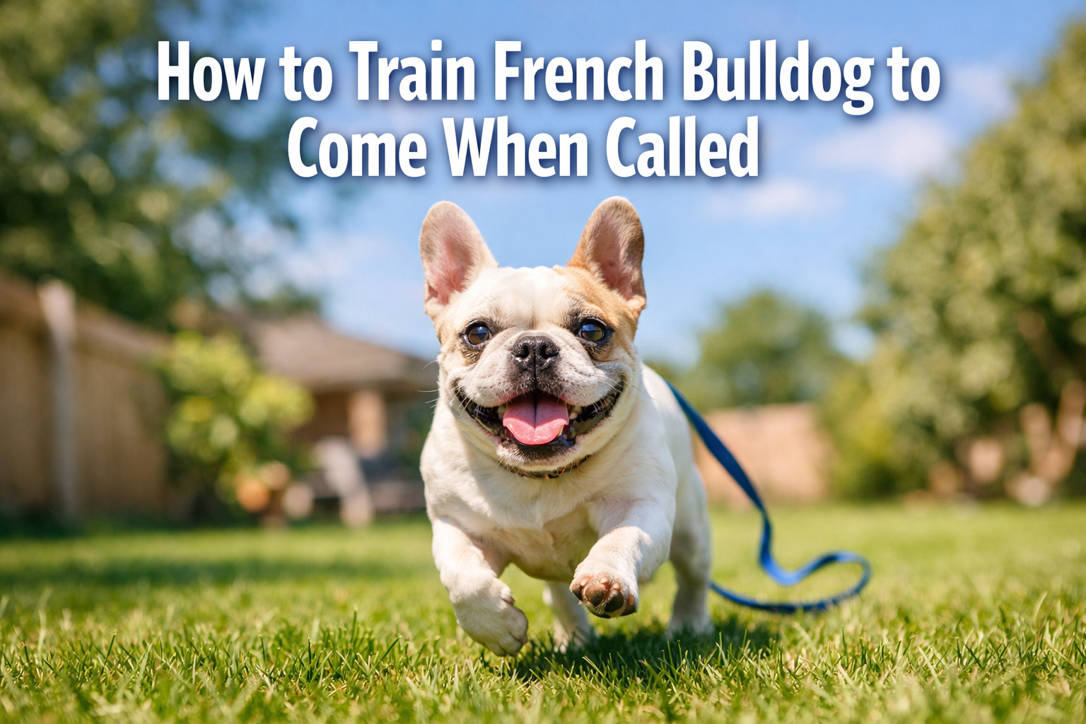 Professional landscape format (1536x1024) hero image featuring bold text overlay 'How to Train French Bulldog to Come When Called' in extra 