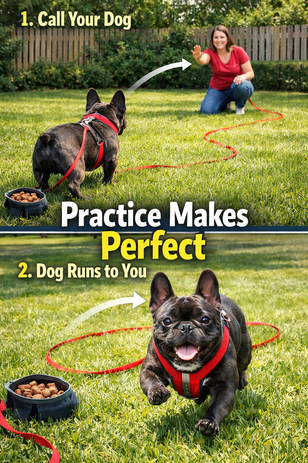 Portrait format (1024x1536) image depicting step-by-step recall training sequence with French Bulldog. Split composition showing: top half -