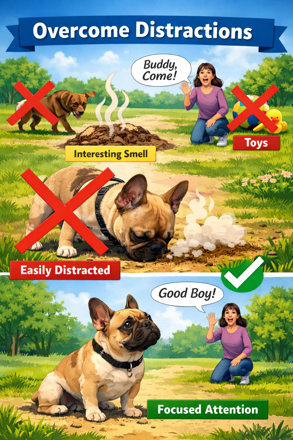 Portrait format (1024x1536) image showing common recall training challenges with French Bulldog. Scene depicts Frenchie distracted by intere