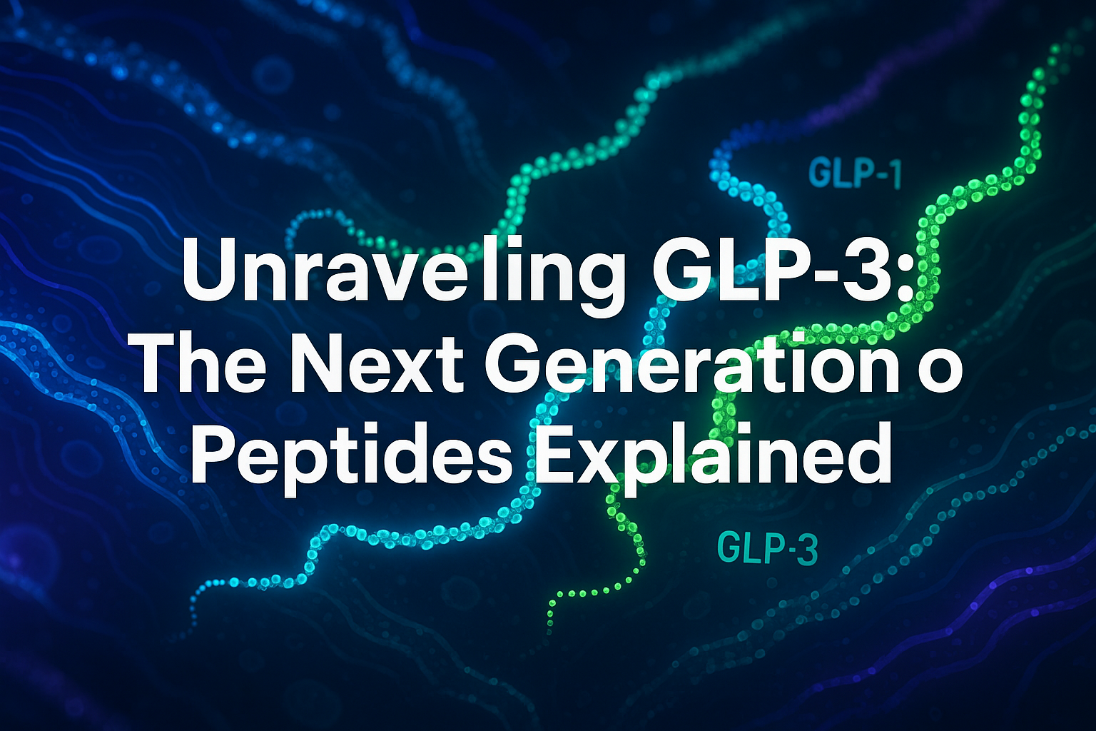Professional landscape hero image (1536x1024) with bold text overlay: 'Unraveling GLP-3: The Next Generation of Peptides Explained', modern 