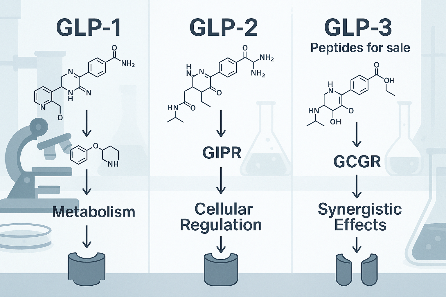 A visually compelling infographic comparing and contrasting GLP-1, GLP-2, and GLP-3 peptides, showcasing their molecular structures, recepto