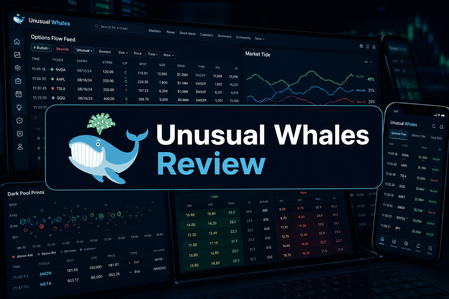 Unusual Whales options flow feed, Market Tide and dark pool prints across a laptop and phone