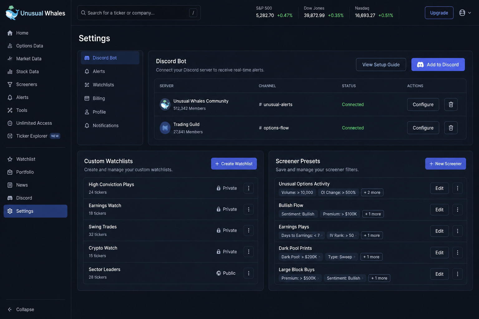 Unusual Whales settings with Discord bot alerts, custom watchlists and saved screener presets
