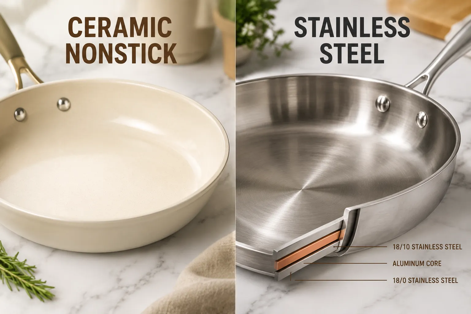 Best Non Toxic Cookware Set Split-screen editorial landscape (1536x1024): left half shows a close-up studio shot of a cream-colored ceramic nonstick pan with a smooth, glossy interior surface under bright studio lighting, label 'Ceramic Nonstick' in 4 bold words; right half shows a gleaming stainless steel pan with a tri-ply base cross-section visible, label 'Stainless Steel' in 3 bold words. Both pans on a white marble surface, high-contrast editorial photography, clean minimal aesthetic, save-worthy Pinterest composition, warm neutral palette. What Makes Cookware Non-Toxic: Understanding PFAS, PTFE, and PFOA