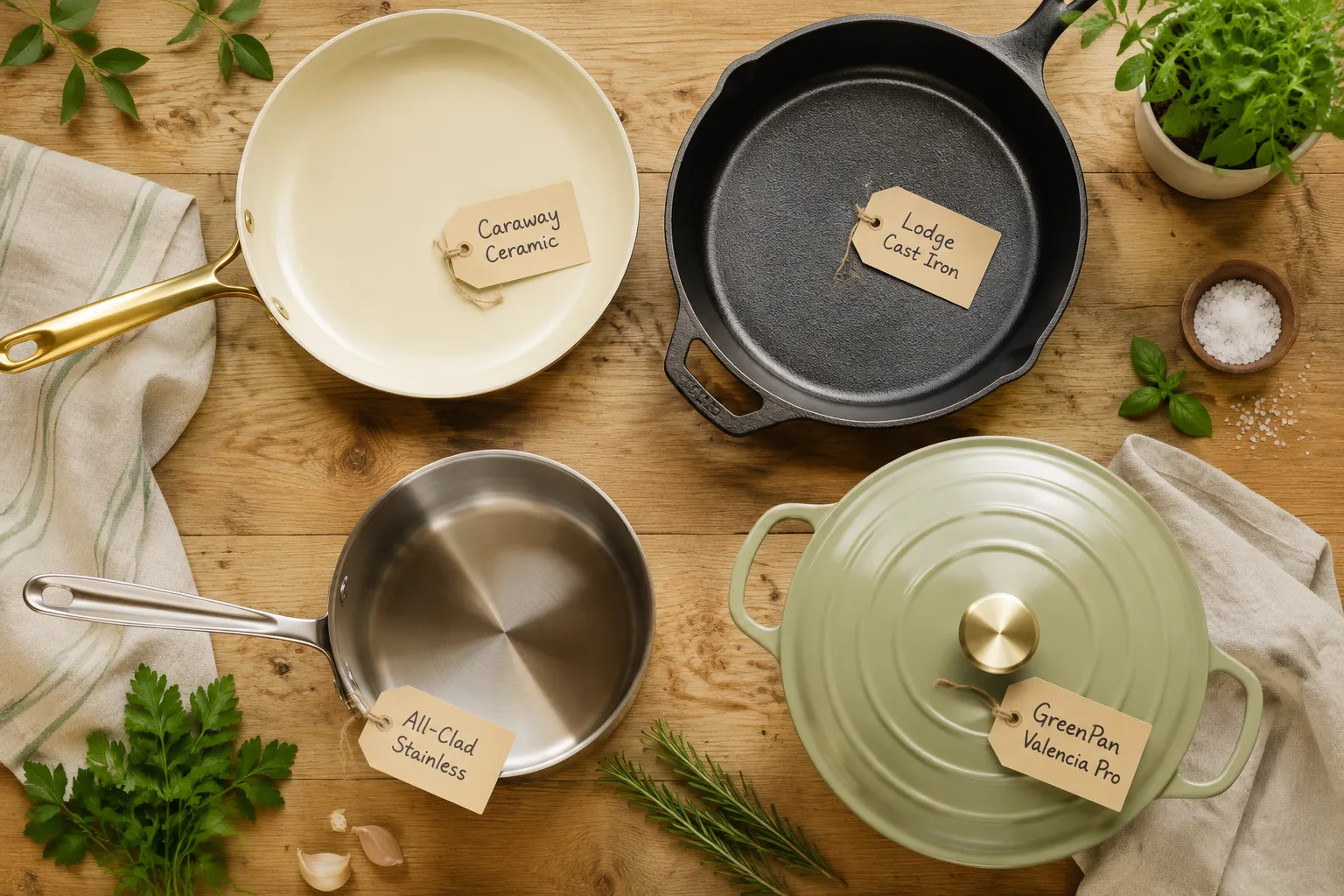 Best Non Toxic Cookware Set Editorial landscape (1536x1024) flat-lay overhead shot of a curated non-toxic cookware set arranged on a light oak wood surface: a ceramic-coated skillet, a cast iron pan, a stainless steel saucepan, and a lidded pot, each with a small handwritten tag showing brand names in 2-3 words maximum. Bright natural daylight from above, soft shadows, fresh green herbs and a linen towel as props, warm cream and sage color palette, magazine-quality food editorial photography, uncluttered and elegant composition. GreenPan Reserve Ceramic Nonstick 10-Piece Cookware Set, Rating: 8.8 / 10