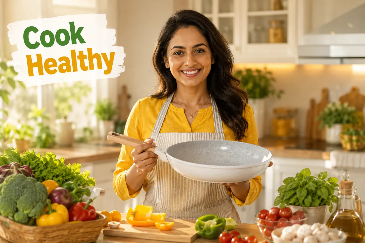 Best Non Toxic Cookware Set Symbolic conceptual editorial landscape (1536x1024): a confident woman of South Asian descent in a bright modern kitchen, mid-30s, holding a gleaming ceramic nonstick pan and smiling, surrounded by colorful fresh vegetables on the counter. Warm golden-hour natural light fills the kitchen, clean white cabinetry in background, small label overlay reads 'Cook Healthy' in 3 bold words with 8% safe margins. Shallow depth of field, lifestyle editorial photography style, vibrant and inviting color palette of warm yellows, greens, and whites. More Non-Toxic Cookware Reviews and Related Guides