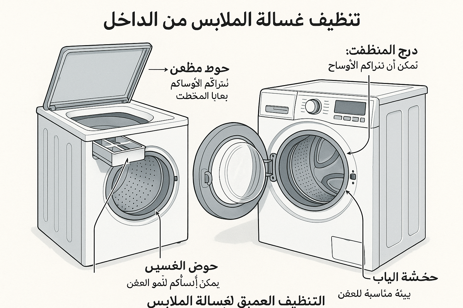 كيف تعرف إن غسالة الملابس تحتاج تنظيف داخلي عميق؟ علامات لازم تنتبه لها قبل ما يخرب الجهاز 2 A detailed infographic illustrating the different components of a washing machine (both top-loader and front- loader) that require deep cleanكيف تعرف إن غسالة الملابس تحتاج تنظيف داخلي عميق؟ علامات لازم تنتبه لها قبل ما يخرب الجهاز