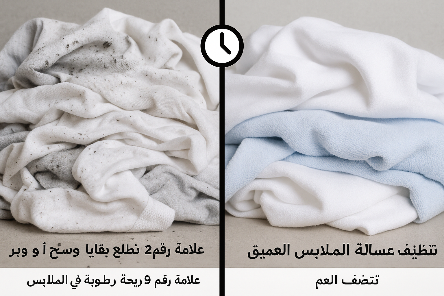 كيف تعرف إن غسالة الملابس تحتاج تنظيف داخلي عميق؟ علامات لازم تنتبه لها قبل ما يخرب الجهاز 3 كيف تعرف إن غسالة الملابس تحتاج تنظيف داخلي عميق؟ علامات لازم تنتبه لها قبل ما يخرب الجهاز
A split image showing a close-up of dirty, residue-laden laundry after a wash cycle on one side, and on the other, a clean, fresh-smelling p