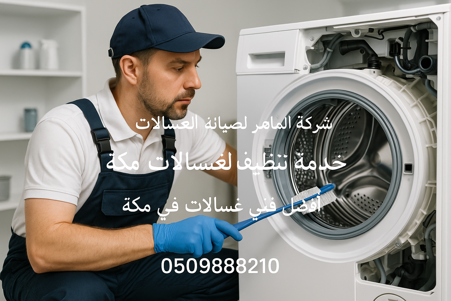 كيف تعرف إن غسالة الملابس تحتاج تنظيف داخلي عميق؟ علامات لازم تنتبه لها قبل ما يخرب الجهاز 5 An image depicting a professional washing machine technician from 'شركة الماهر لصيانة الغسالات' in Mecca, wearing a clean uniform, meticulou