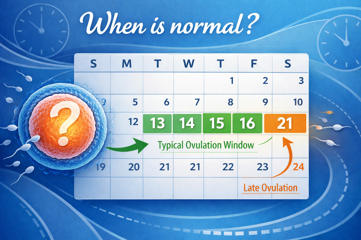 Detailed landscape format (1536x1024) image showing a stylized calendar with highlighted dates indicating a typical ovulation window and the