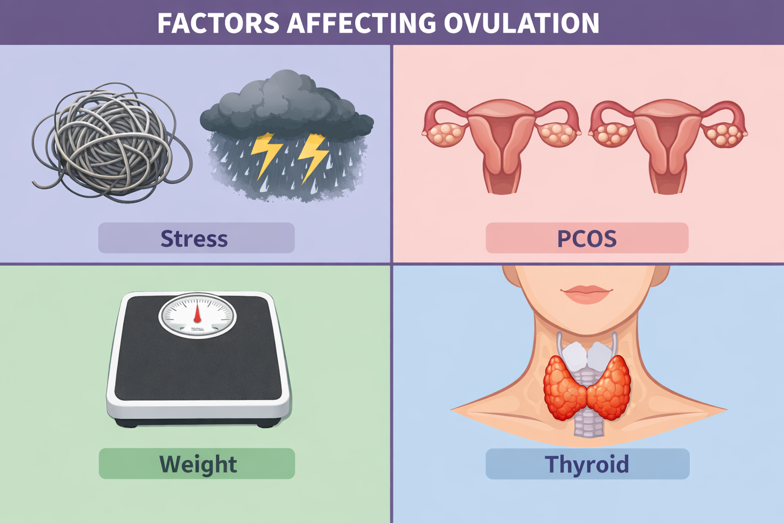 Detailed landscape format (1536x1024) image depicting various factors influencing ovulation: stress (represented by a tangled string or stor