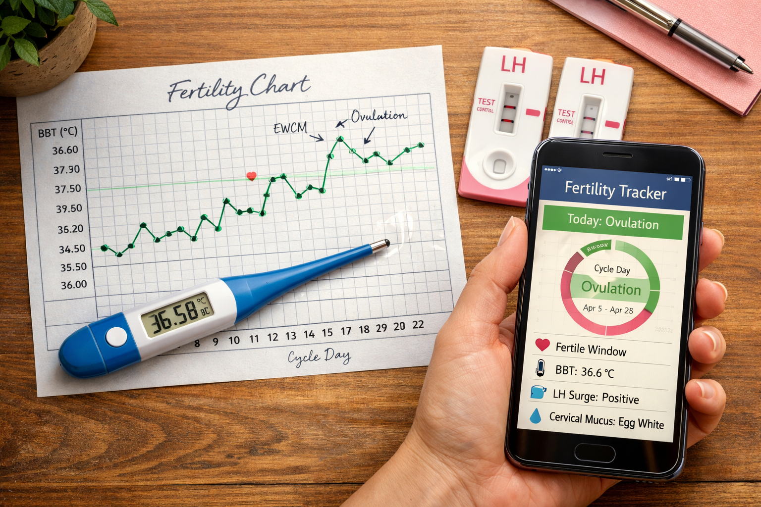 Detailed landscape format (1536x1024) image illustrating fertility tracking methods: a basal body temperature (BBT) thermometer next to a ch