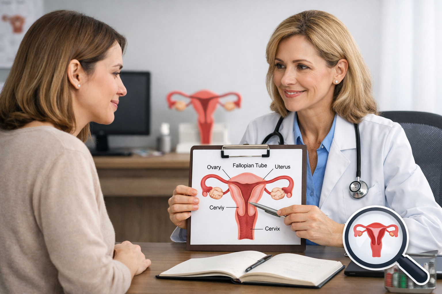 Detailed landscape format (1536x1024) image featuring a woman consulting with a healthcare professional, perhaps looking at a diagram of the