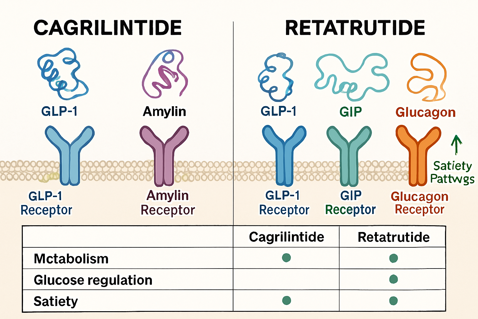 A detailed infographic-style image (1536x1024) illustrating the mechanisms of action for both cagrilintide and retatrutide, showing their di