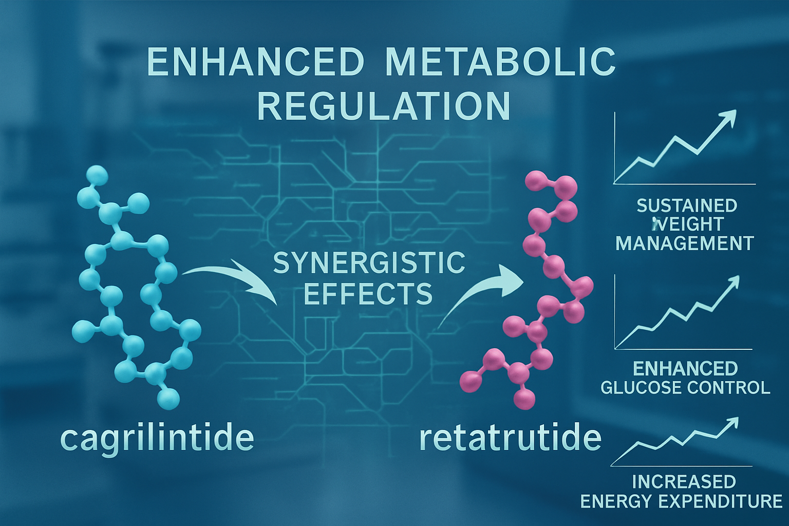 A conceptual image (1536x1024) showing the potential synergistic effects of a cagrilintide retatrutide combination study. Visually represent