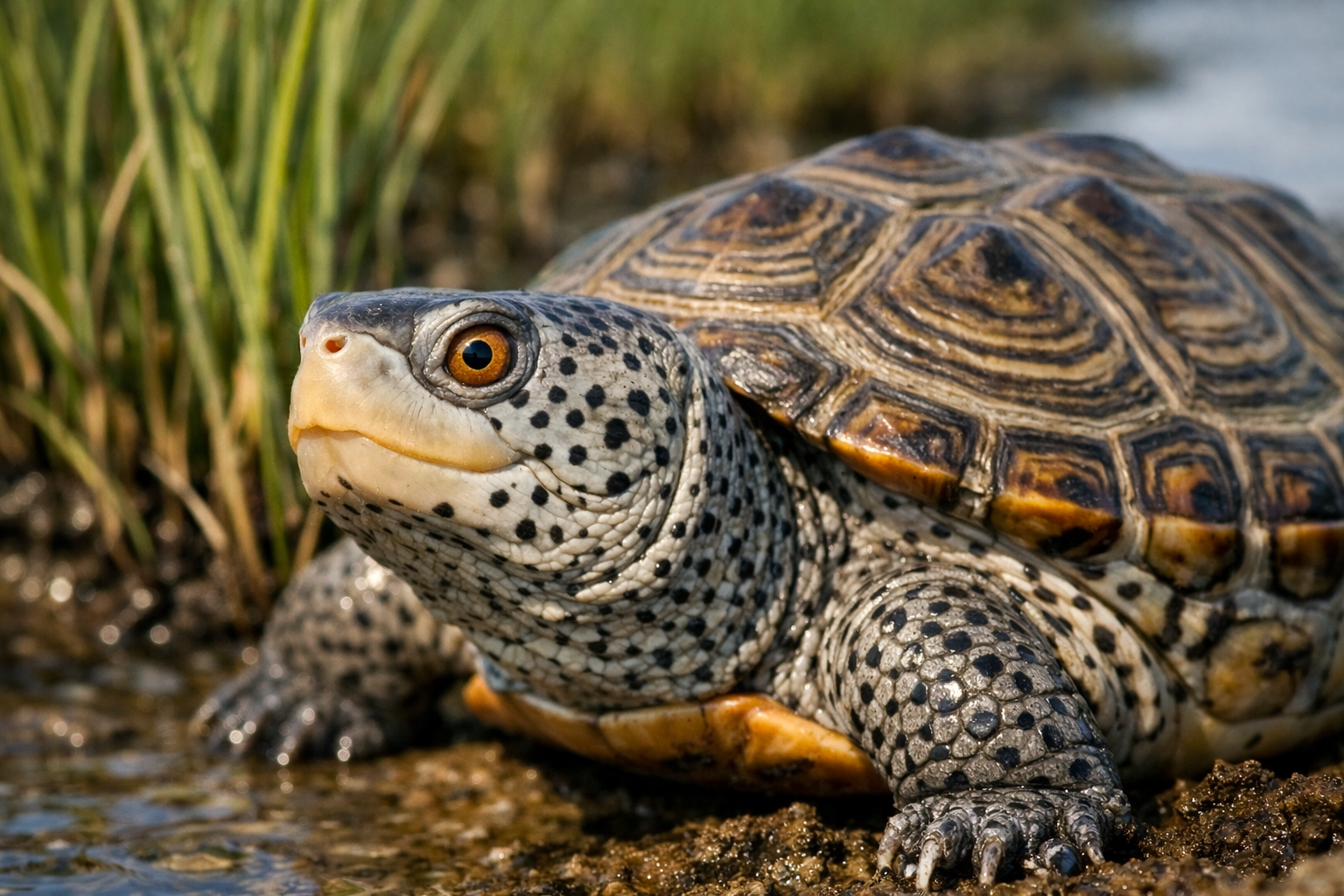 Detailed close-up photograph of adult diamondback terrapin showing distinctive diamond-patterned shell markings, textured skin with dark spo