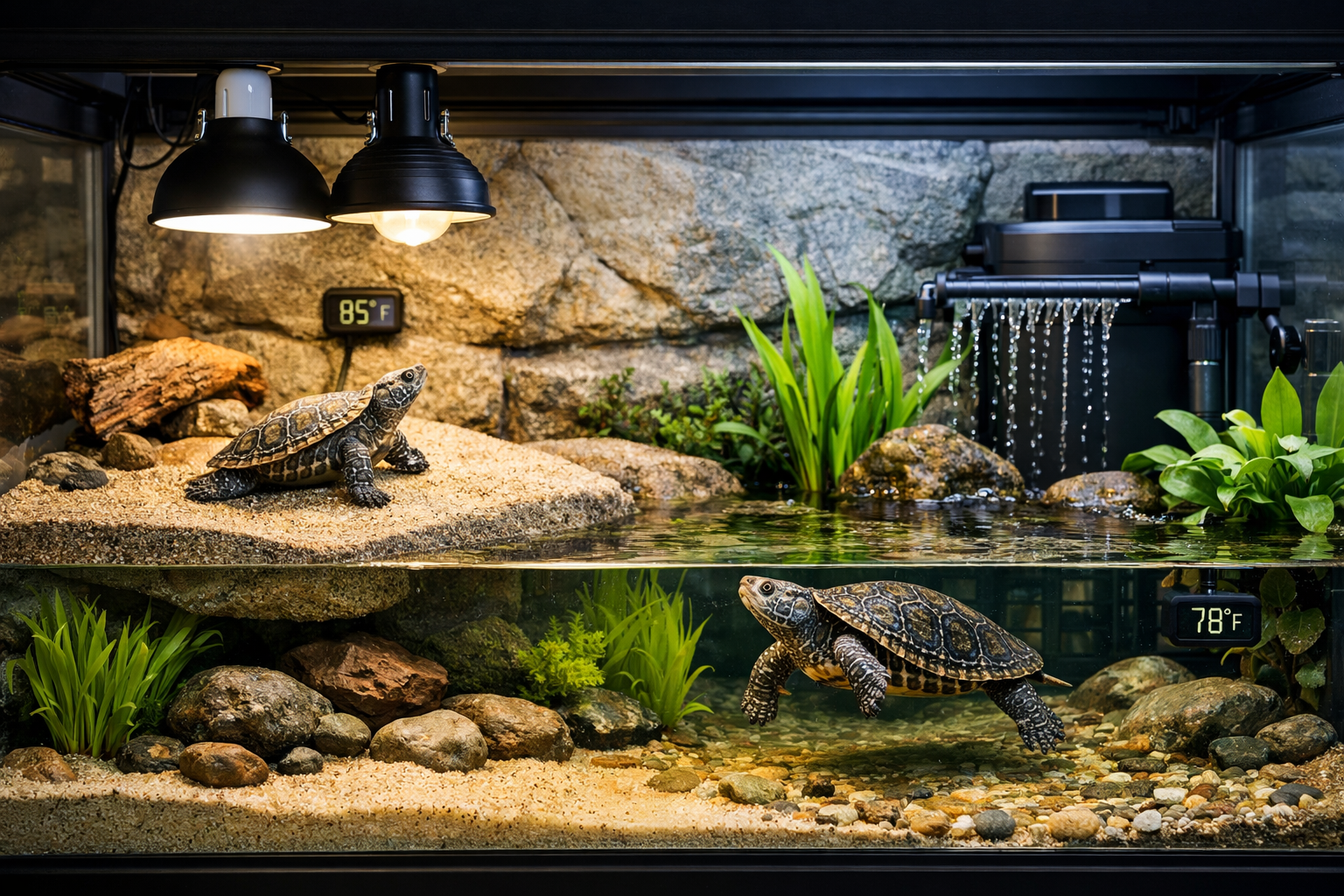 Pristine aquatic habitat setup photograph showing ideal diamondback terrapin enclosure with both land and water areas. Features sandy baskin