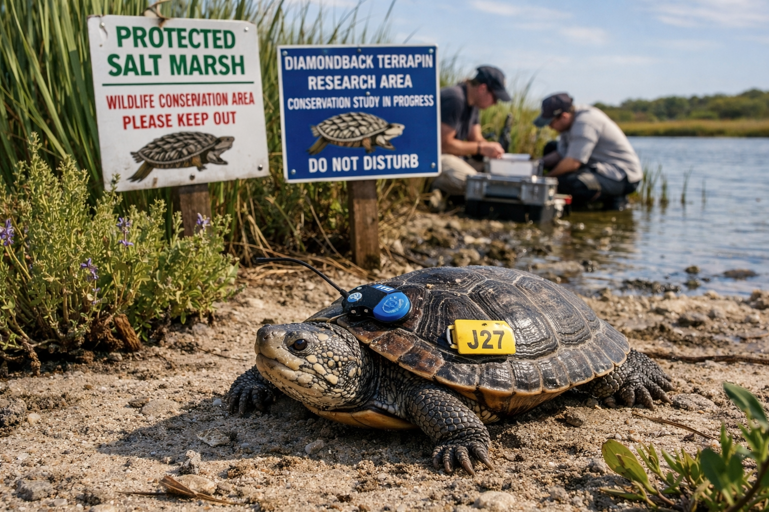 Conservation scene showing diamondback terrapin in protected salt marsh environment with research tags visible. Background features coastal 