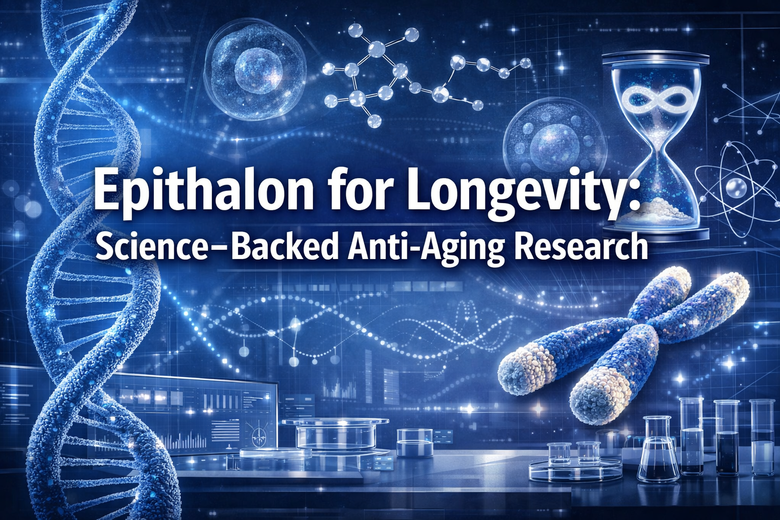 Professional landscape format (1536x1024) hero image featuring bold text overlay 'Epithalon for Longevity: Science-Backed Anti-Aging Researc