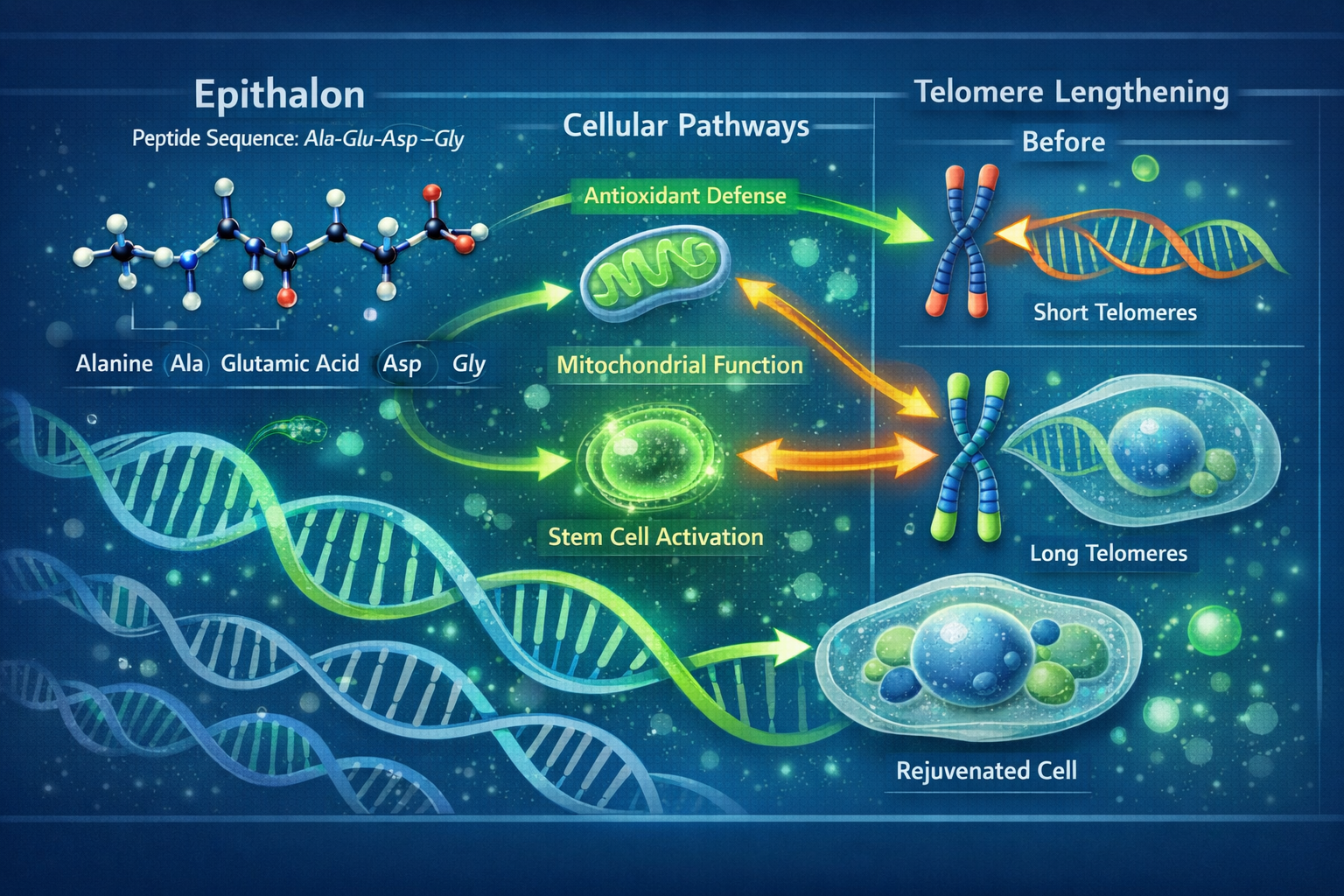Detailed landscape format (1536x1024) scientific illustration showing epithalon molecular structure with peptide chain visualization, amino 